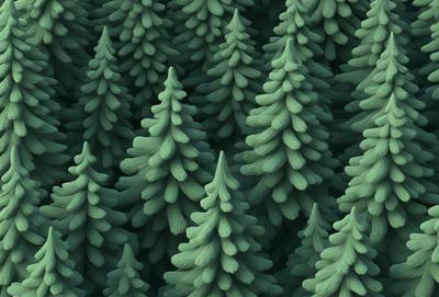 The primary subject of the image is a group of green trees, which are the main objects in the scene. The setting is a forest, with the trees being the primary focus of the image. The visual style is a digital art or illustration, as the trees are depicted in a detailed and realistic manner. The colors and mood of the image are predominantly green, creating a serene and natural atmosphere.